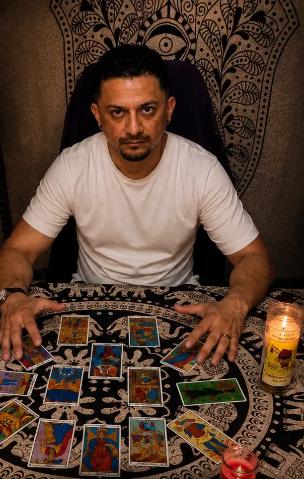 Jairo mira a cámara con las manos sobre una tirada de tarot extendida en su mesa de consulta